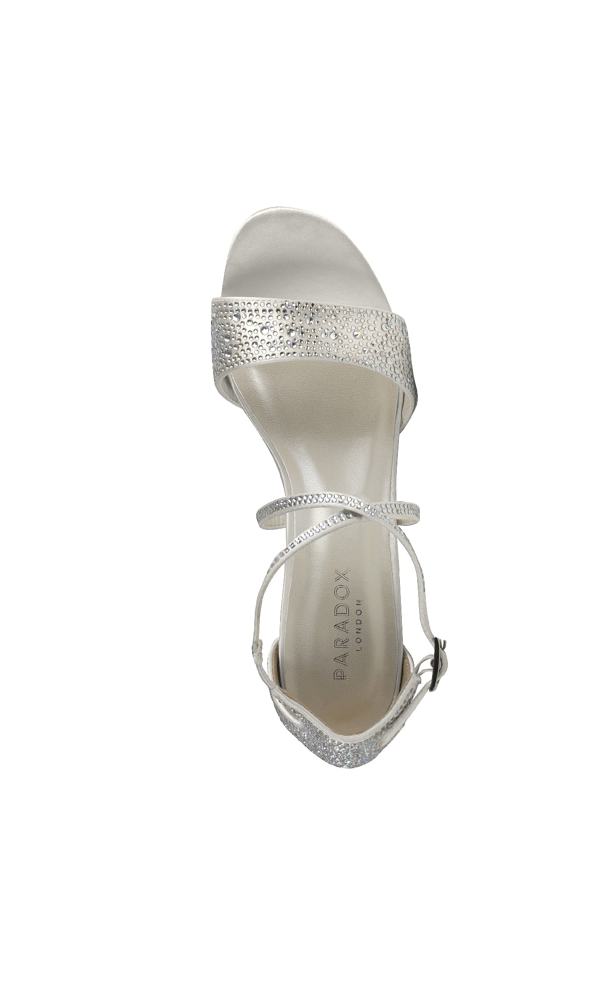 A single Ines Ivory Satin Prom Shoe by Paradox London (P2224) with a textured toe strap and ankle strap, shown from above on a white background.